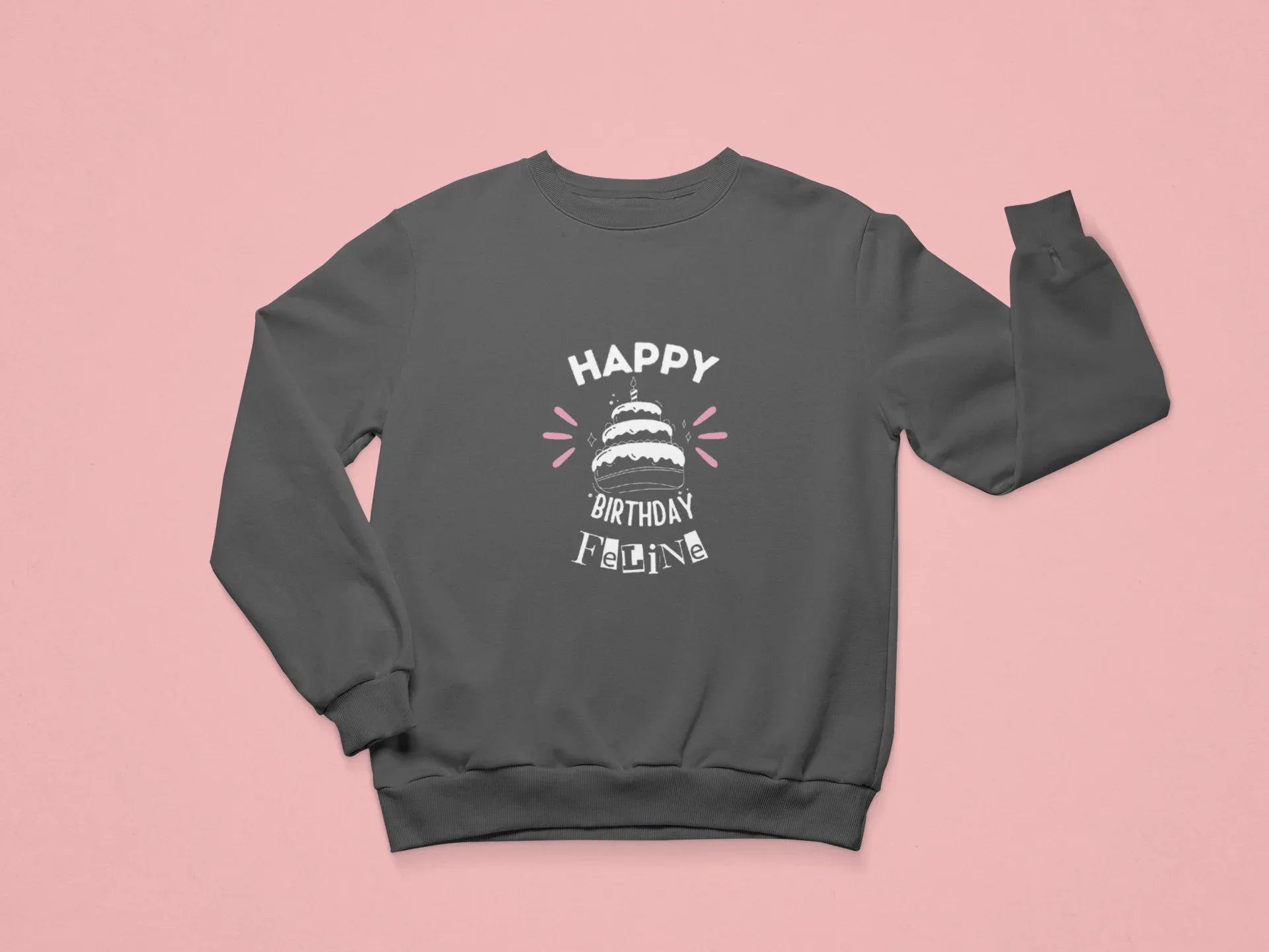 Dark charcoal sweatshirt with 'Happy Birthday' cake graphic and custom name text
