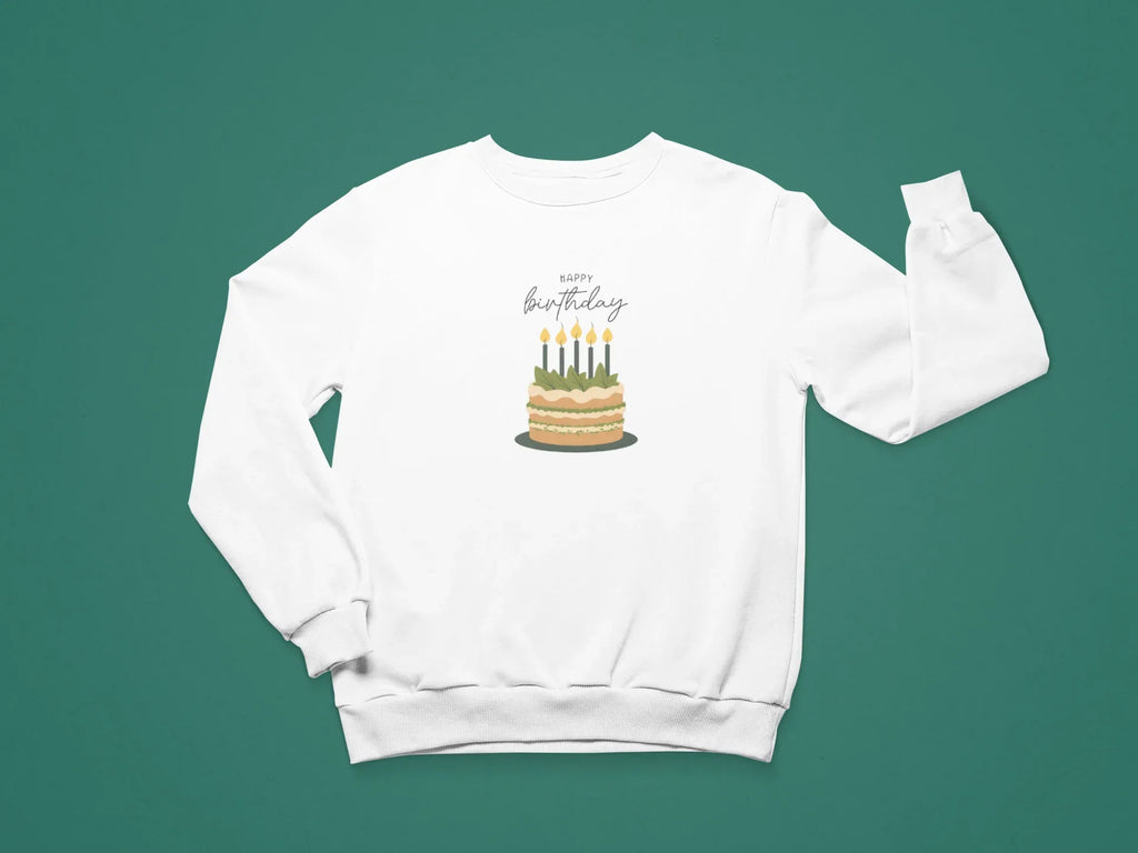 White crewneck sweatshirt with “Happy birthday” cake and candle graphic