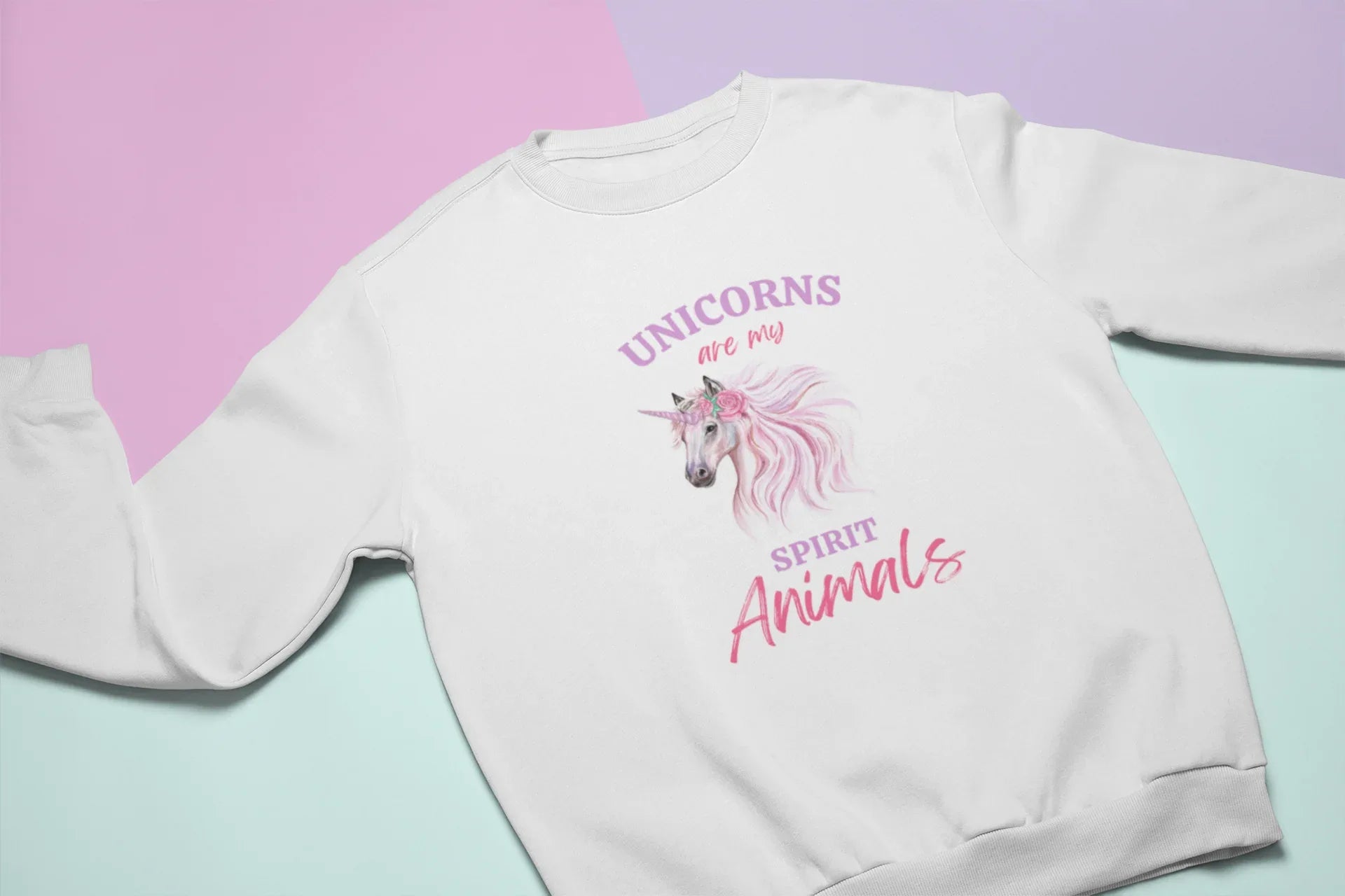Kids white sweatshirt close-up of unicorn and "Spirit Animals" graphic print