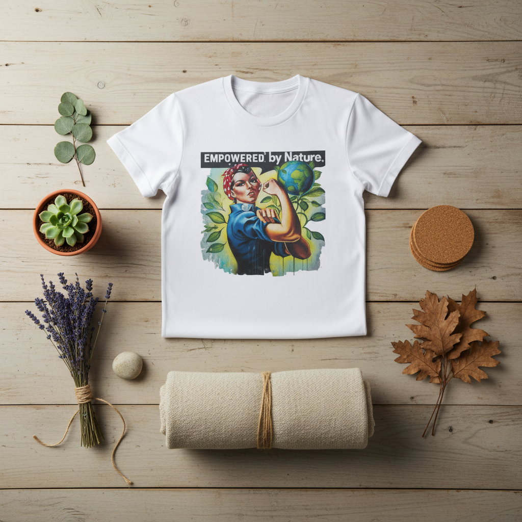 White crewneck T-shirt with 'Empowered by Nature' slogan and nature character graphic