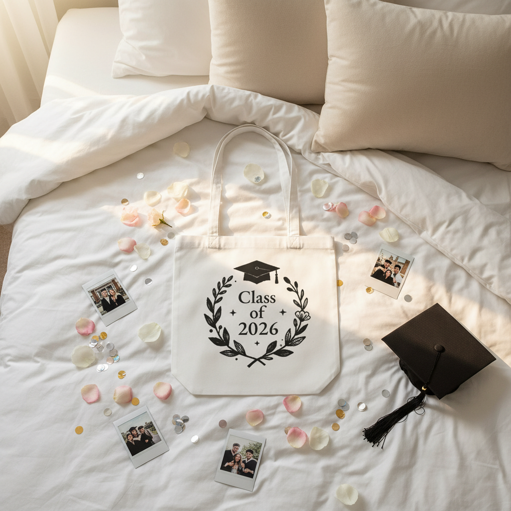 White tote bag with Class of 2026 wreath graphic on bed, top view