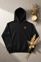 Black personalised embroidered hoodie with heart patch on chest