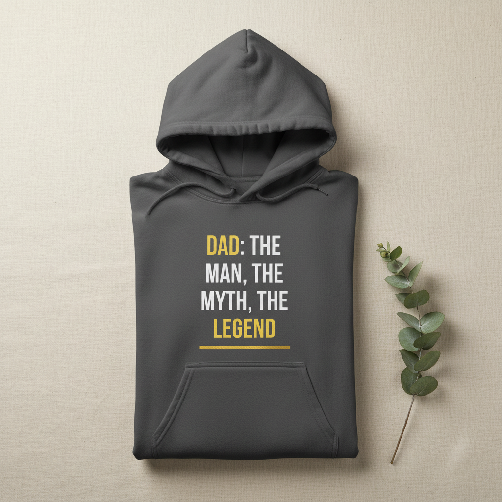 Charcoal gray hoodie with “DAD: THE MAN, THE MYTH, THE LEGEND” graphic centered