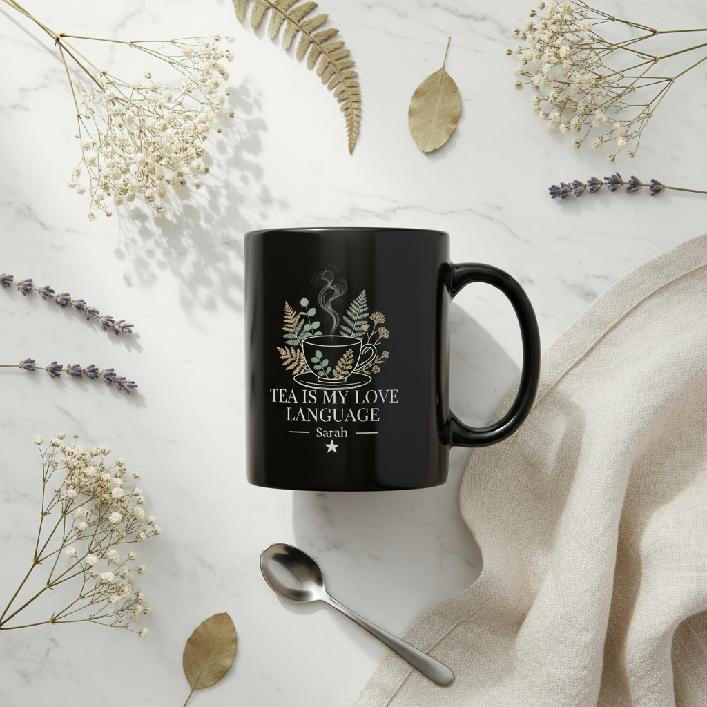 Personalized black tea mug with handle, floral cup design, “Tea Is My Love Language” Sarah