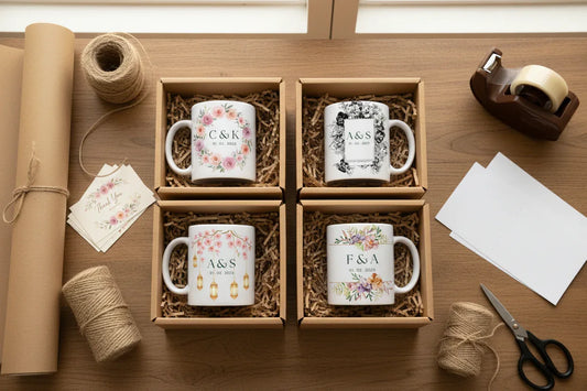 Personalised Wedding Initials Mug — Greenery Monogram Date Coffee Cup - Alley Crafters