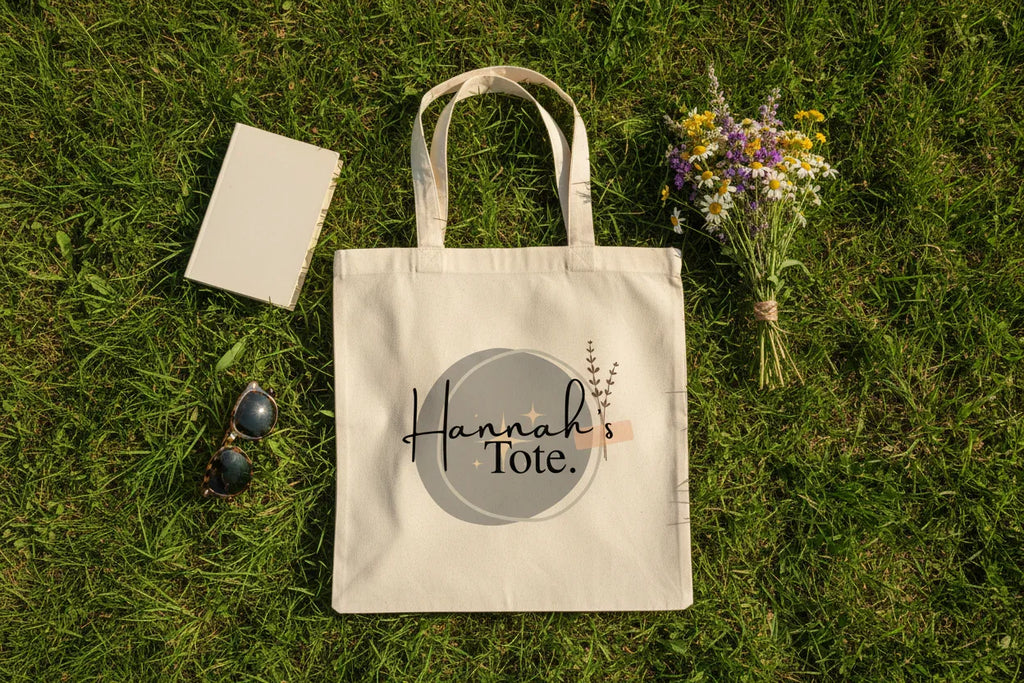 Light canvas tote bag with Hannah's Tote logo and rope handles on grass