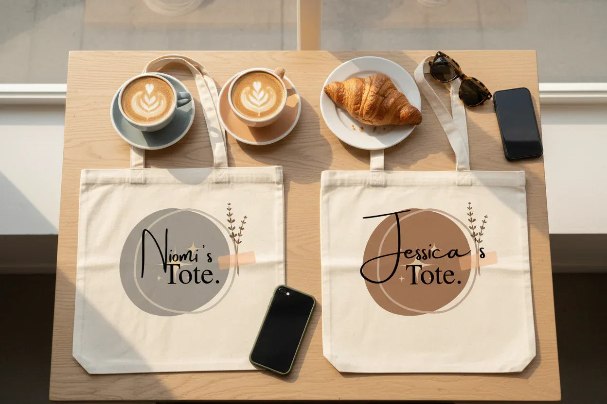 Two cream cotton tote bags with circular 'Tote.' logo prints on display table
