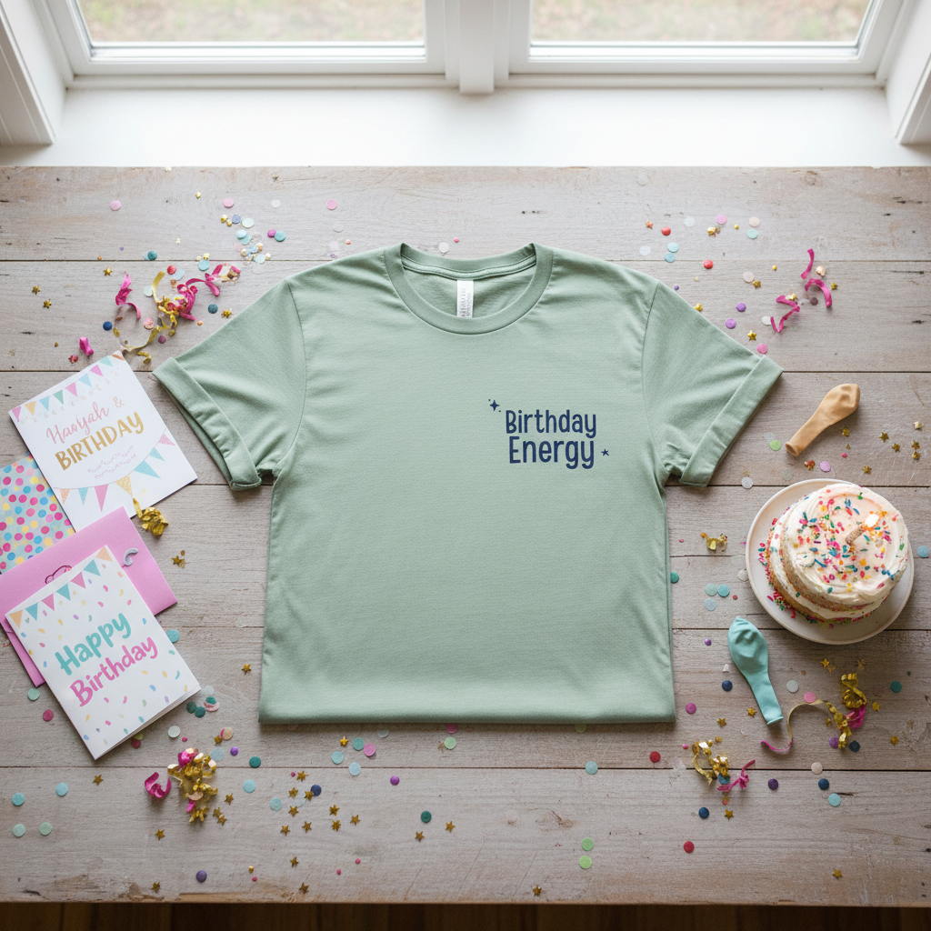 Seafoam green T-shirt with Birthday Energy+ graphic