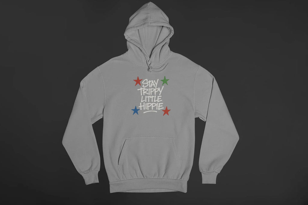 Sport grey pullover hoodie with star “Stay Trippy Little Hippie” front graphic
