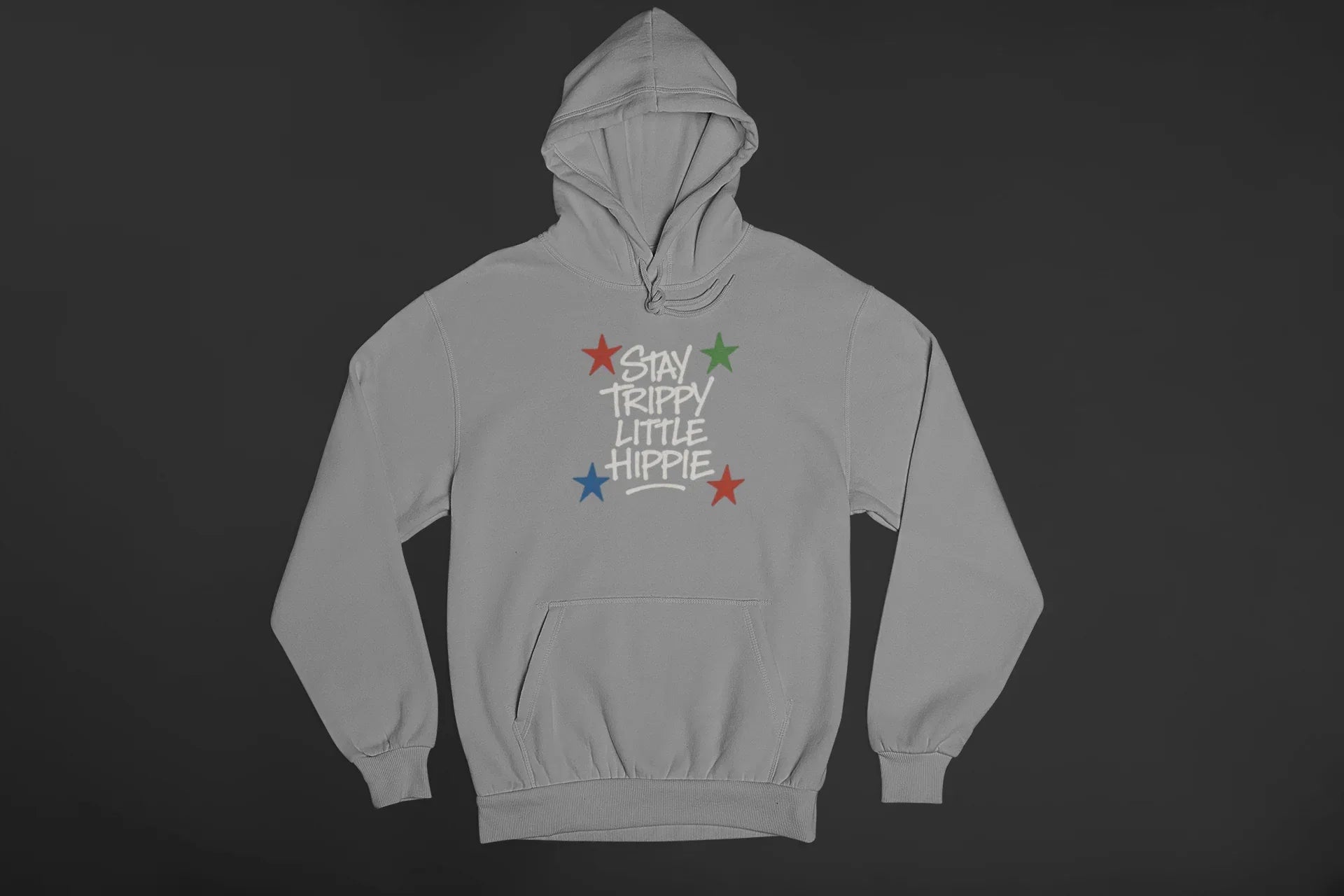 Sport grey pullover hoodie with star “Stay Trippy Little Hippie” front graphic