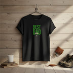 Black crewneck T-shirt with green "Best Dad" typography graphic