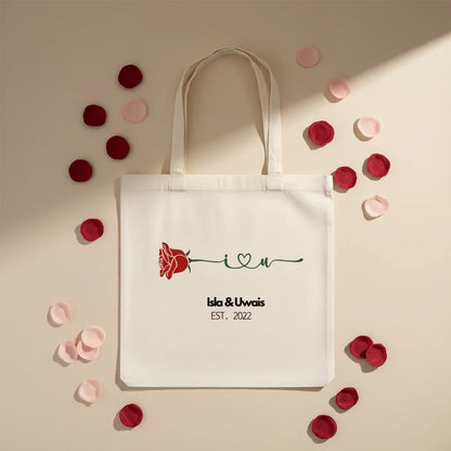 Personalised Red Rose Tote Bag | Custom Names & Date | Valentine's Gift - Alley Crafters