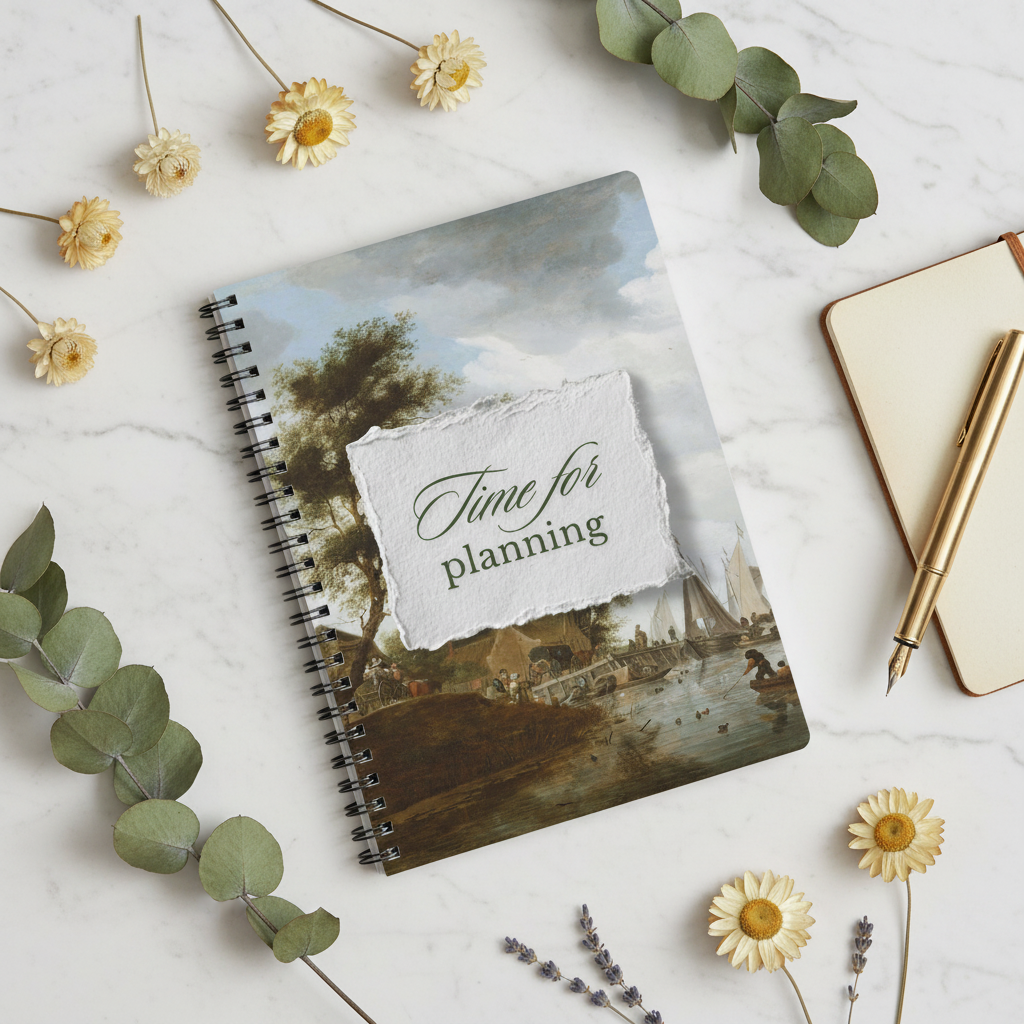 A5 wirobound notebook with vintage landscape cover and “Time for planning” label