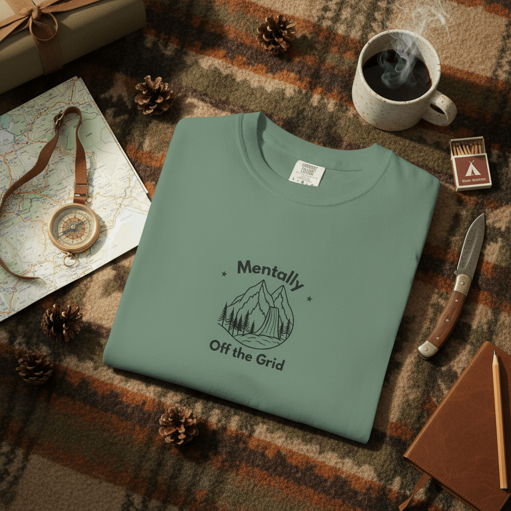 Teal custom T-shirt with mountain graphic and text "Mentally" and "Off the Grid"