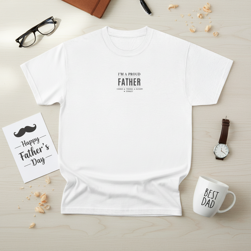 White T-shirt with centered "I'm a proud Father" minimalist text and small dot accents
