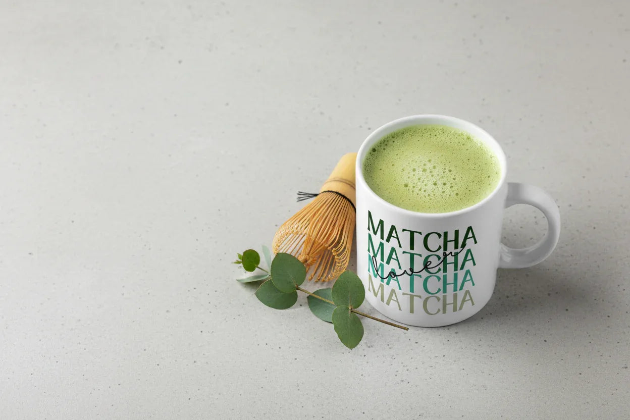 White ceramic matcha mug with green MATCHA text, filled with green tea