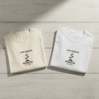 Cream and white crew-neck T-shirts with “Slow Progress” and small plant logo