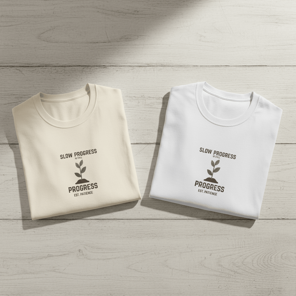 Cream and white crew-neck T-shirts with “Slow Progress” and small plant logo