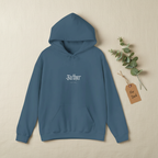 Navy pullover hoodie with front pocket, hood with drawstring, and small chest logo.