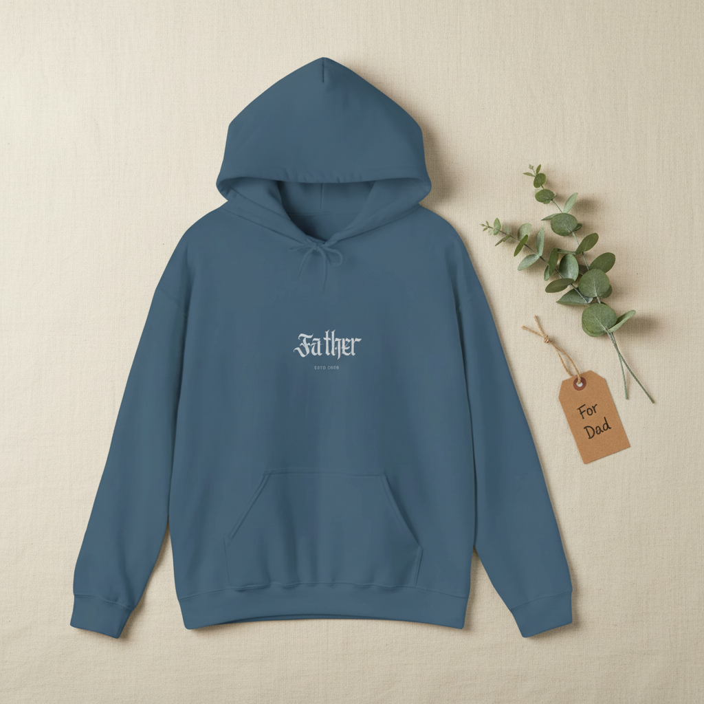 Navy pullover hoodie with front pocket, hood with drawstring, and small chest logo.