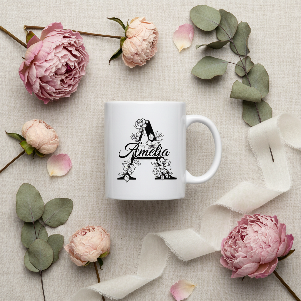 Personalised name mug with floral monogram A and Amelia script name
