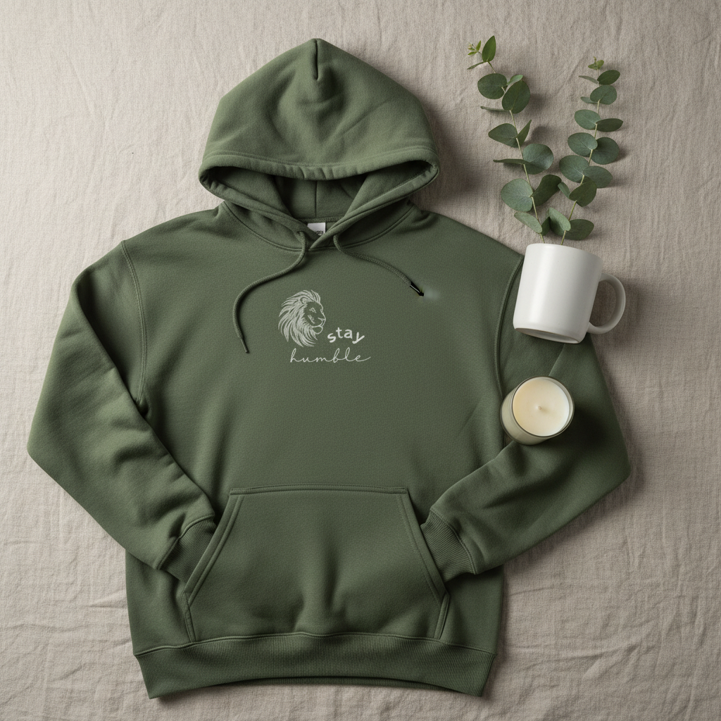 Military green hoodie flat lay with lion head and “stay humble” chest graphic
