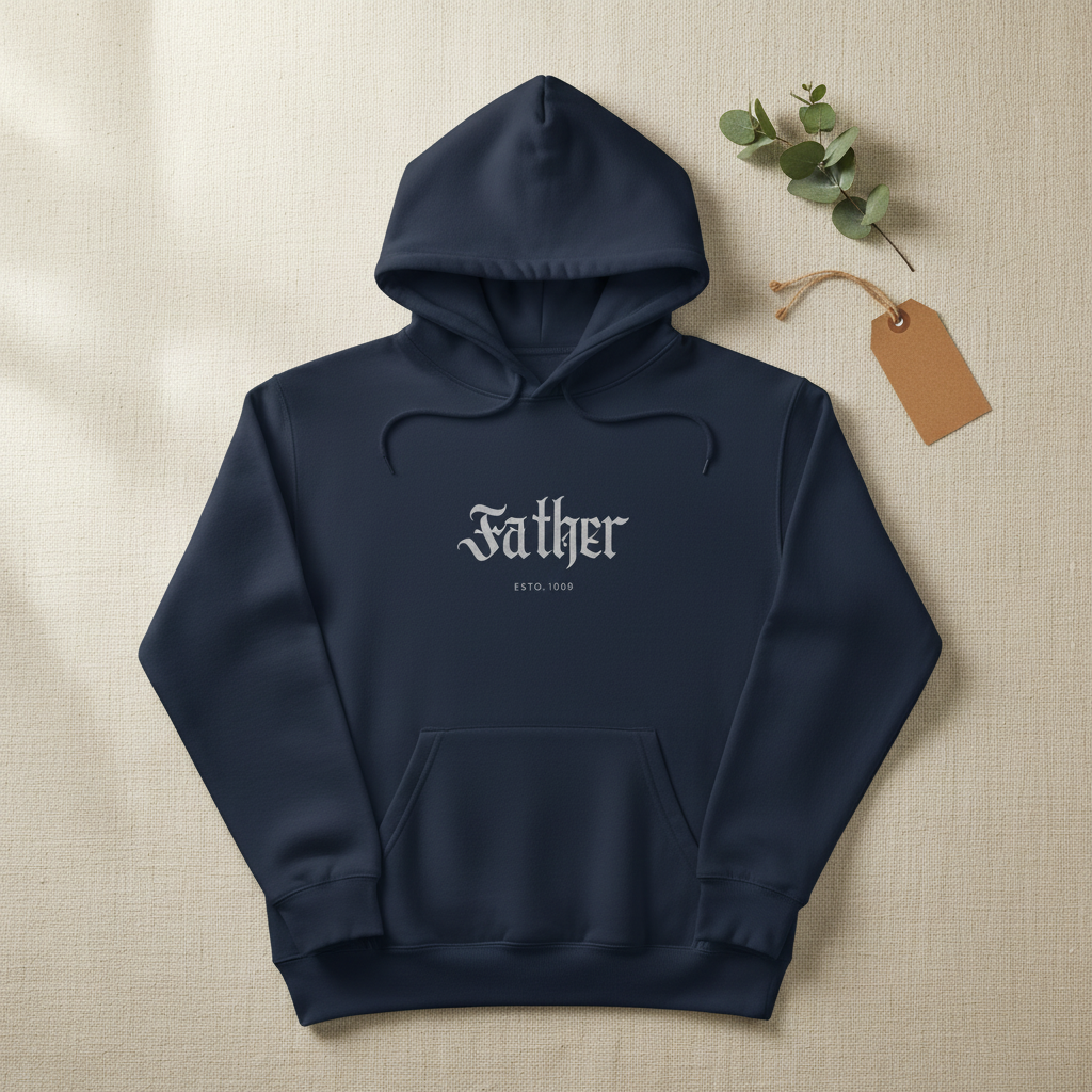 Navy pullover hoodie with 'Father' chest logo, hood and front pocket
