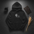 Black unisex hoodie with front pocket and lion graphic logo on chest