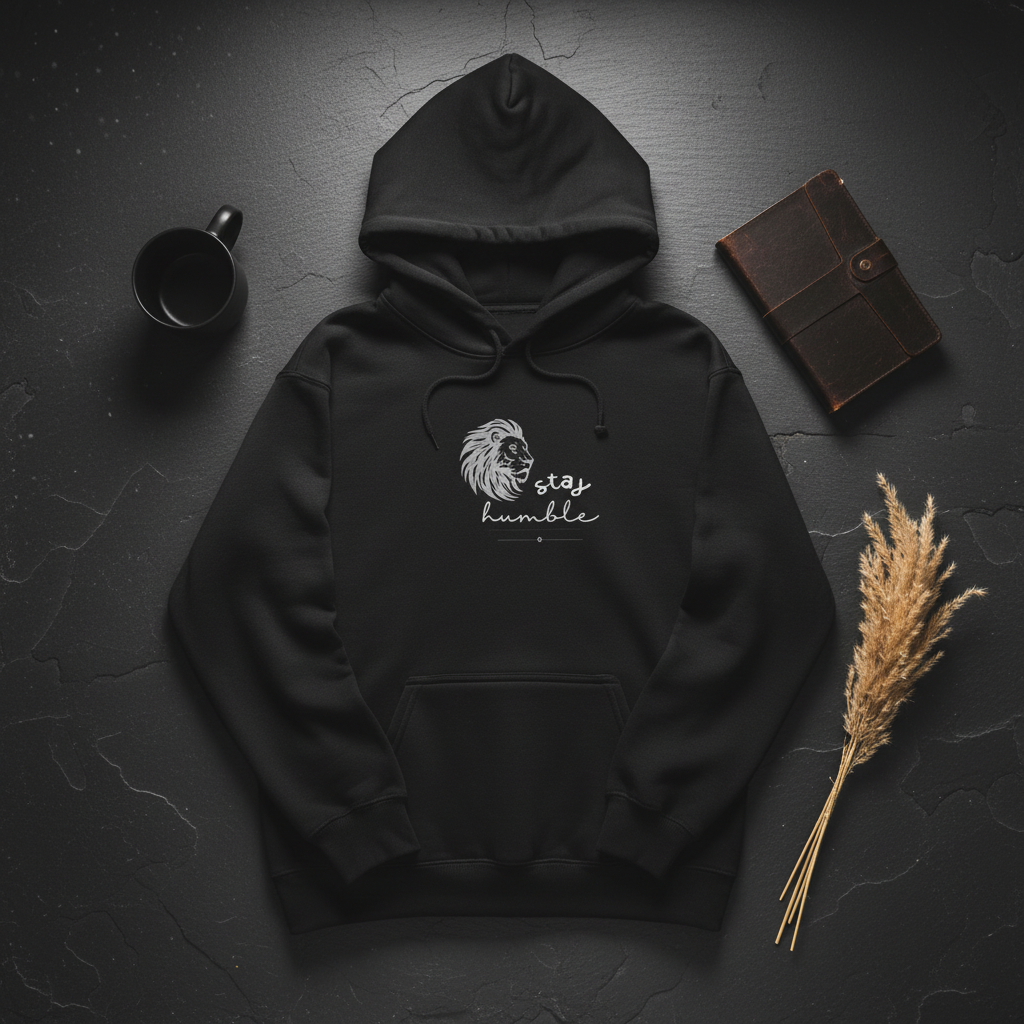 Black unisex hoodie with front pocket and lion graphic logo on chest