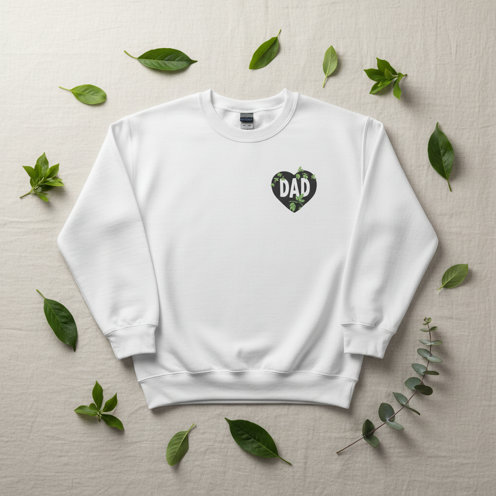 Sweatshirt, white crewneck with DAD heart logo, laid flat