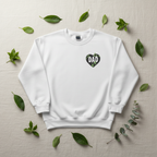 Sweatshirt, white crewneck with DAD heart logo, laid flat