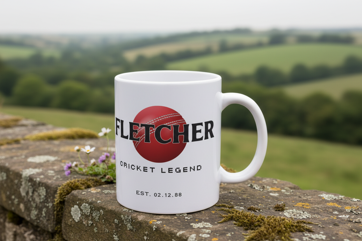 White ceramic mug with “FLETCHER” name print and “Cricket Legend” text, on stone