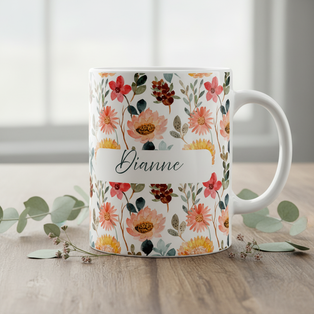 Floral mug on wood with eucalyptus