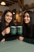 Dark green ceramic mug pair with floral line art and name prints ZAR and SHAZIA