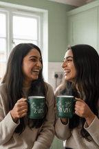 Dark green ceramic mugs with floral line art and printed names ZARA, SHAZIA