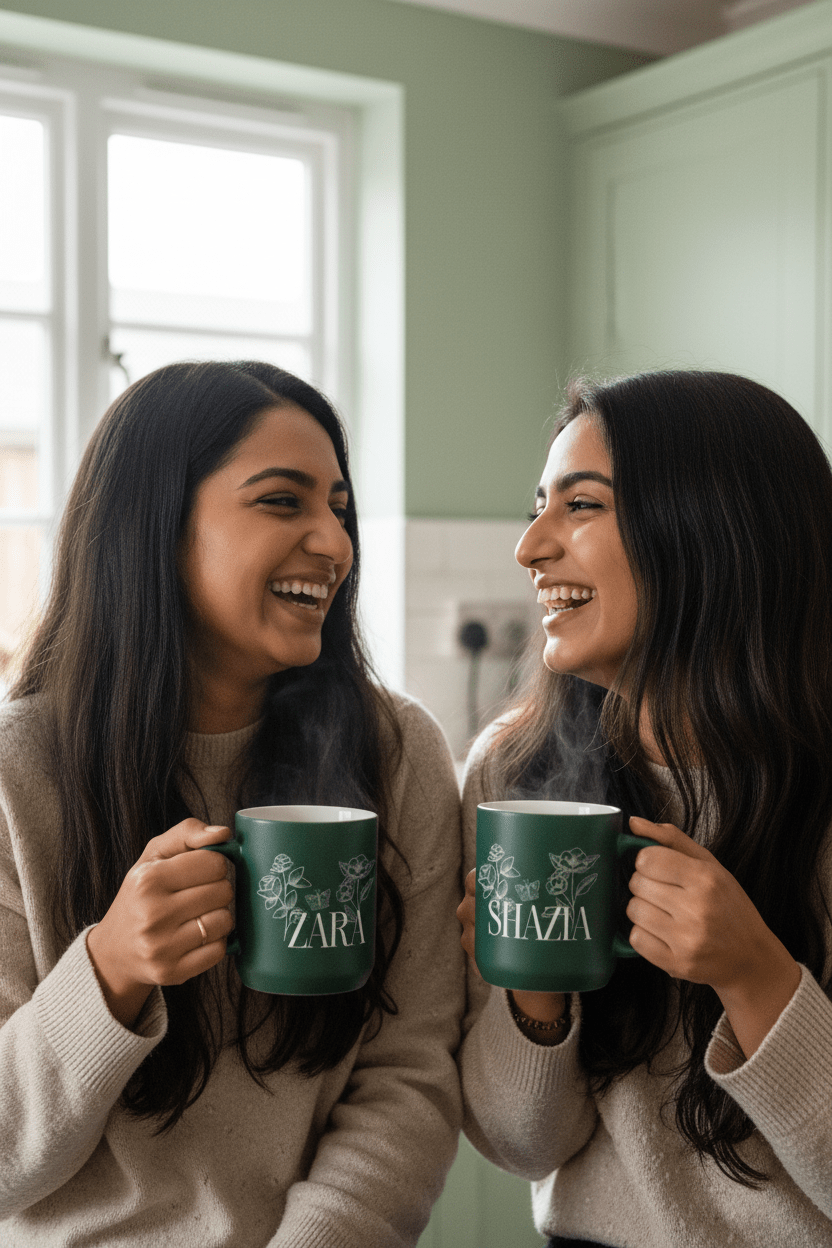 Dark green ceramic mugs with floral line art and printed names ZARA, SHAZIA