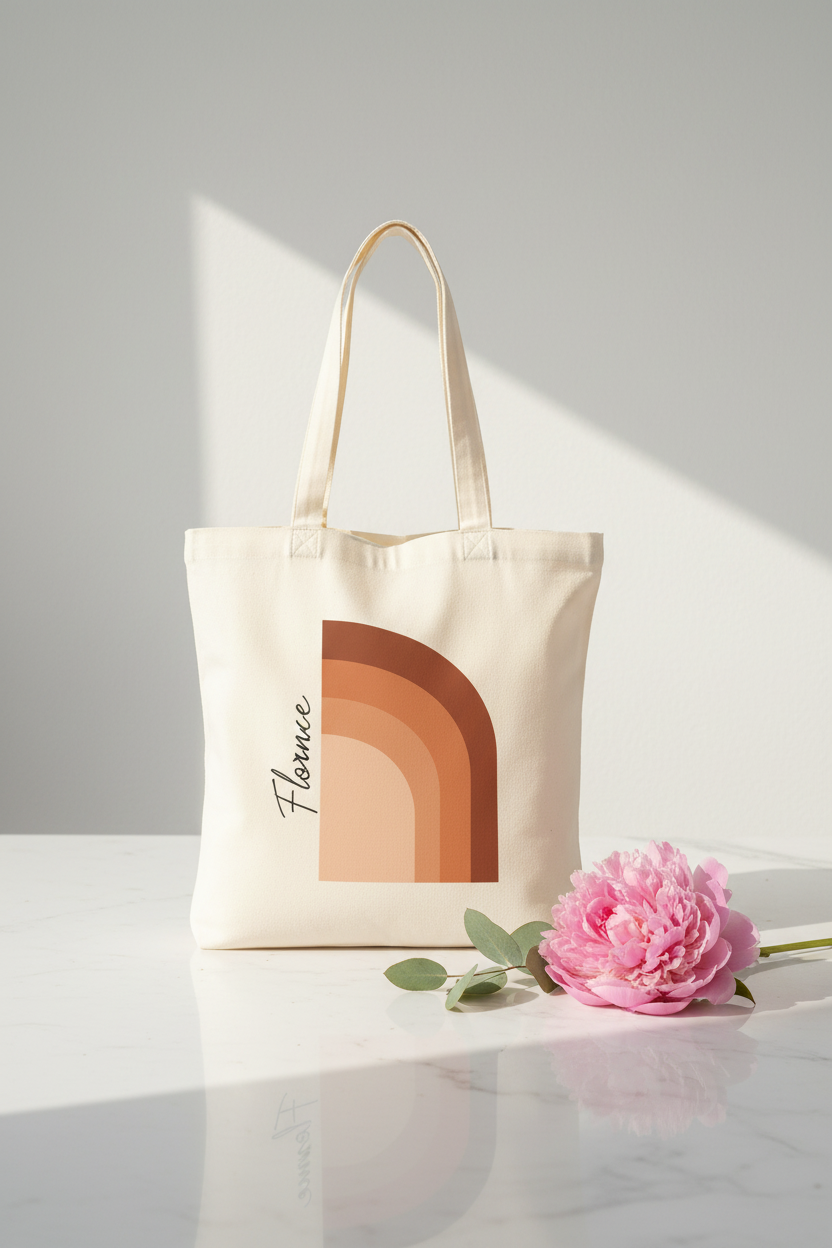 White cotton tote bag on tabletop, front shows terracotta abstract arch print and signature