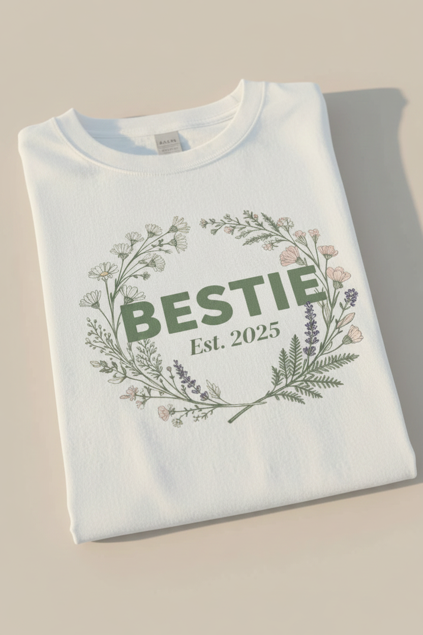 White T-shirt with floral wreath and 'BESTIE Est. 2025' print.