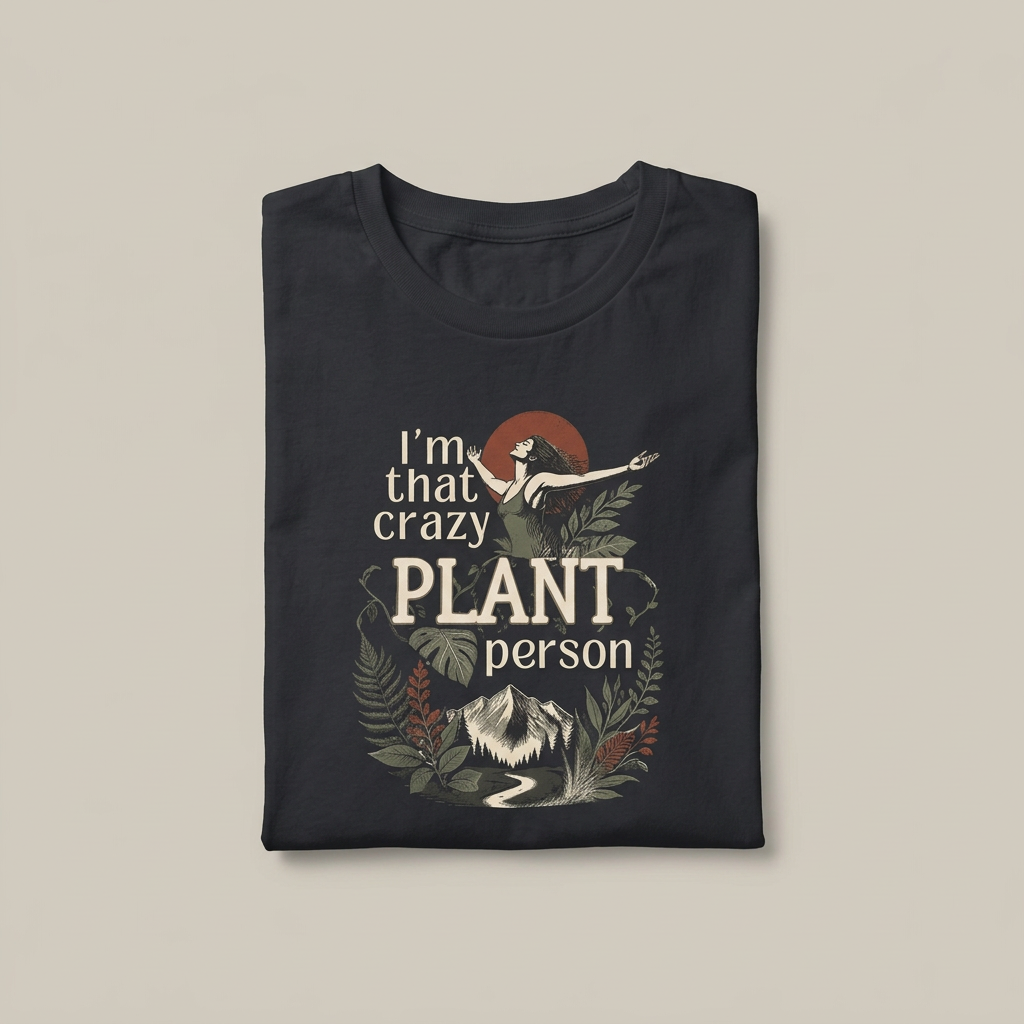 Dark t-shirt with 'crazy plant person' botanical print and bird graphic