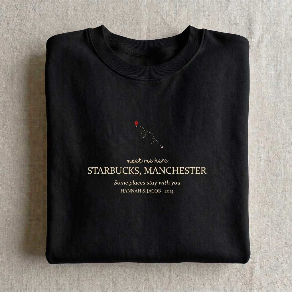 Black personalised sweatshirt with “meet me here” Starbucks, Manchester place name print