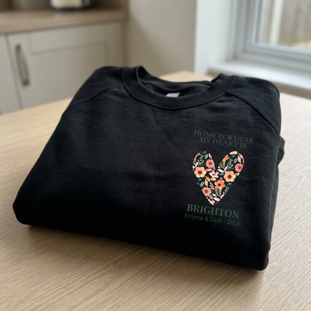 Dark sweatshirt with floral heart graphic and BRIGHTON location text on chest