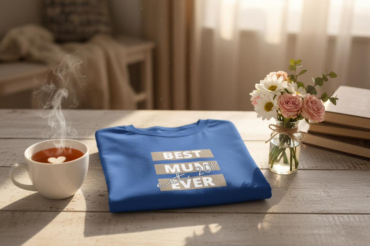 Folded Blue T-Shirt on Wood