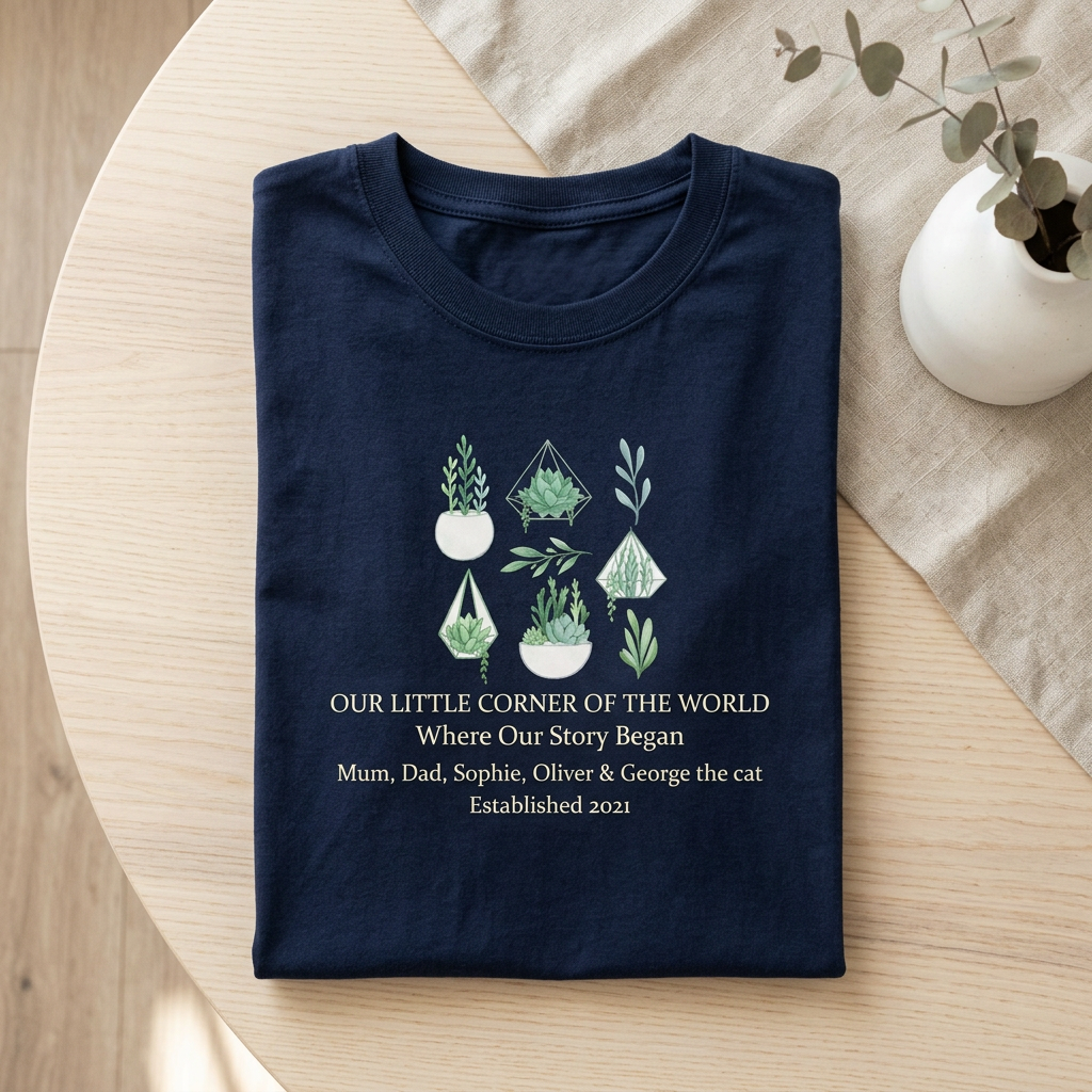 Navy botanical t-shirt with potted plant graphic and name/date line print
