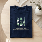 Navy botanical t-shirt with potted plant graphic and name/date line print