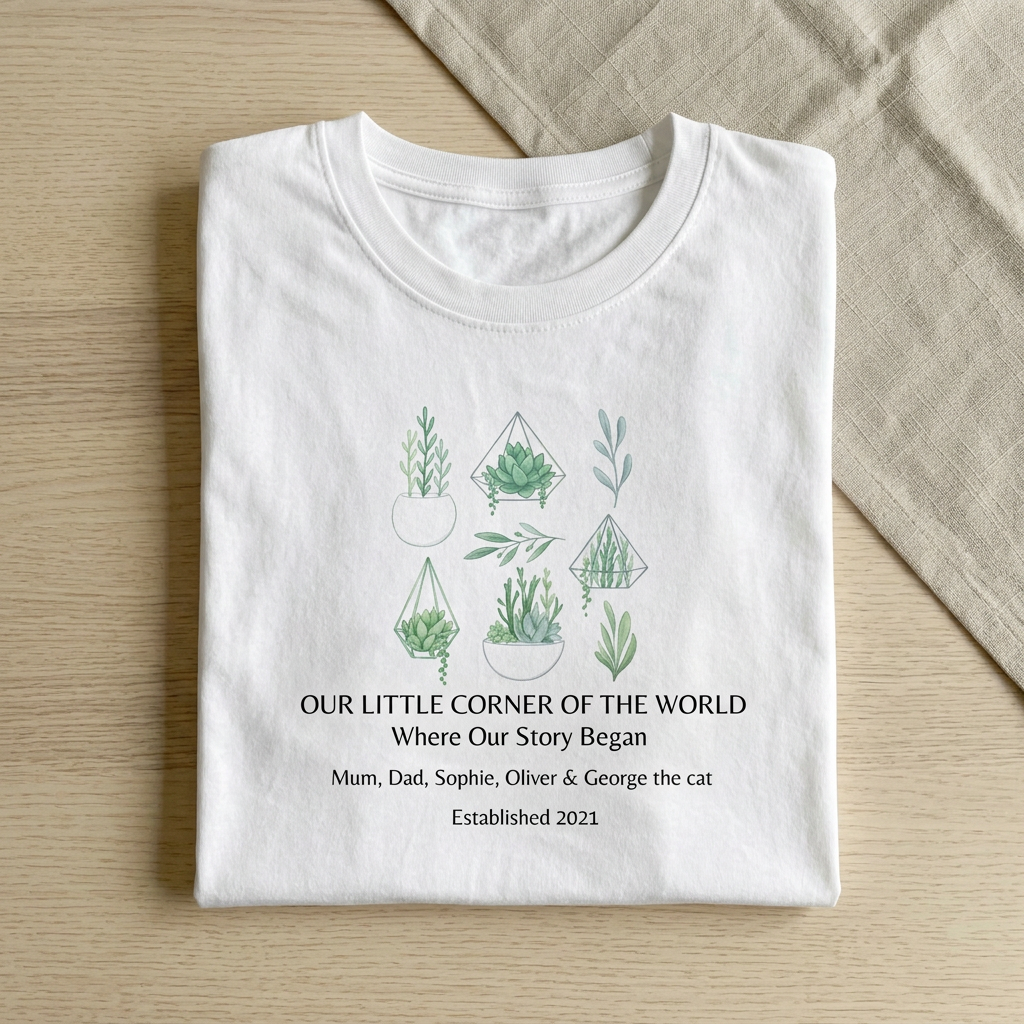 White botanical t-shirt with potted succulent and leaf graphic plus story text