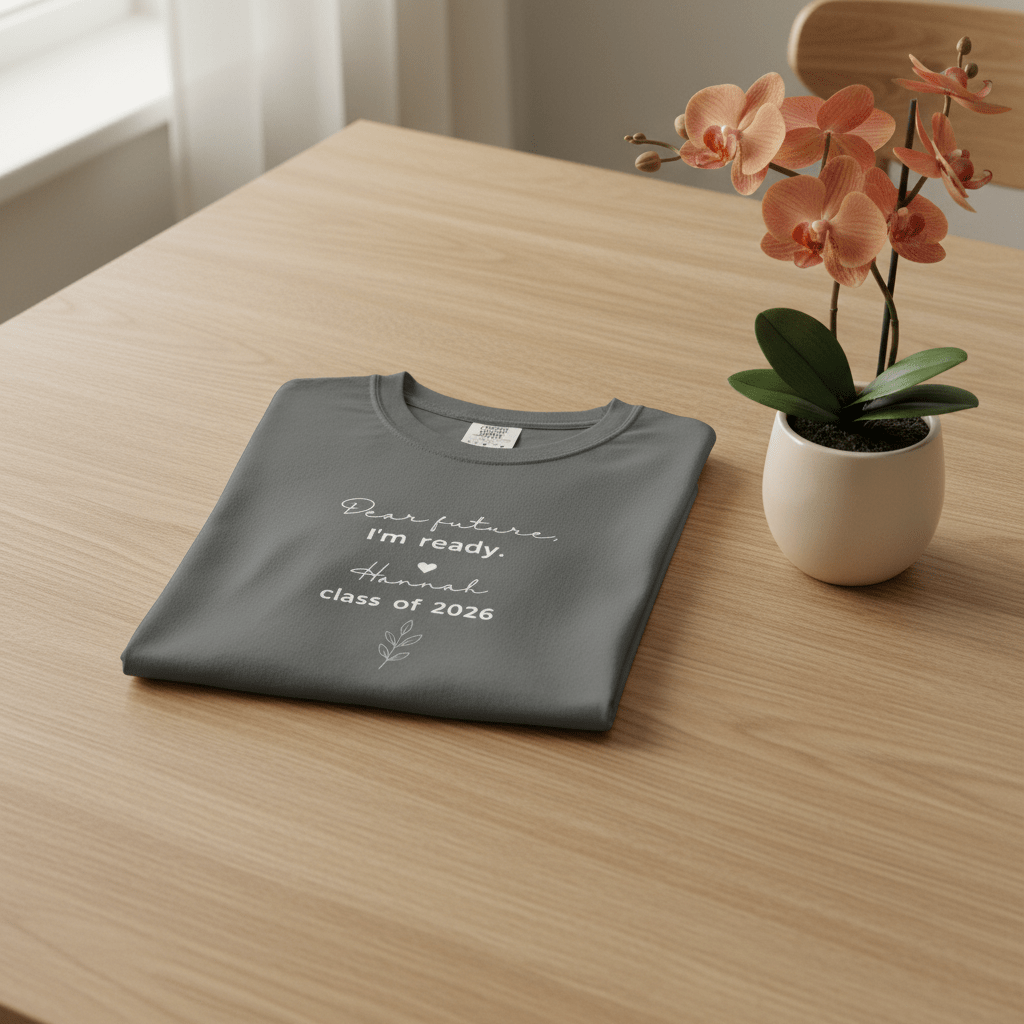 Gray graduation T-shirt folded with 'Dear future, I'm ready' and class of 2026 print