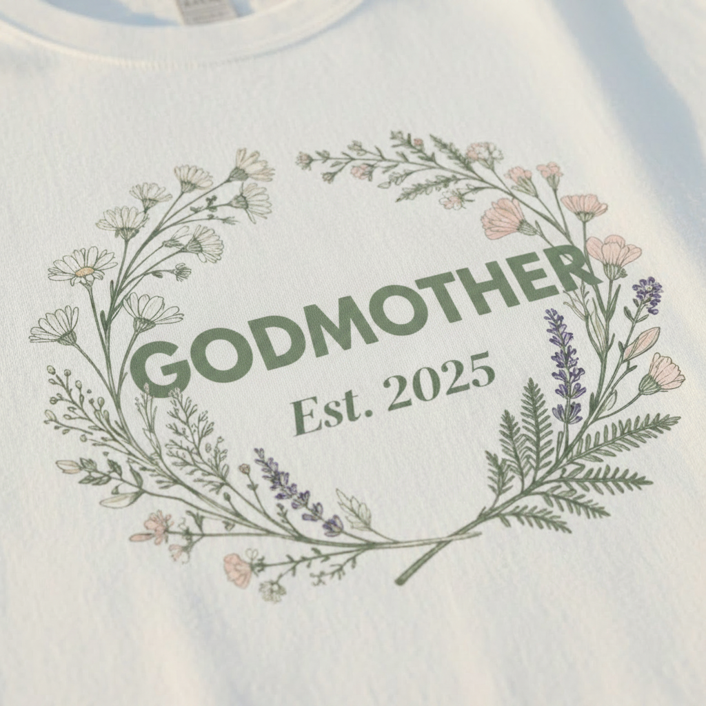 White t-shirt with Godmother floral wreath and Est. 2025 print