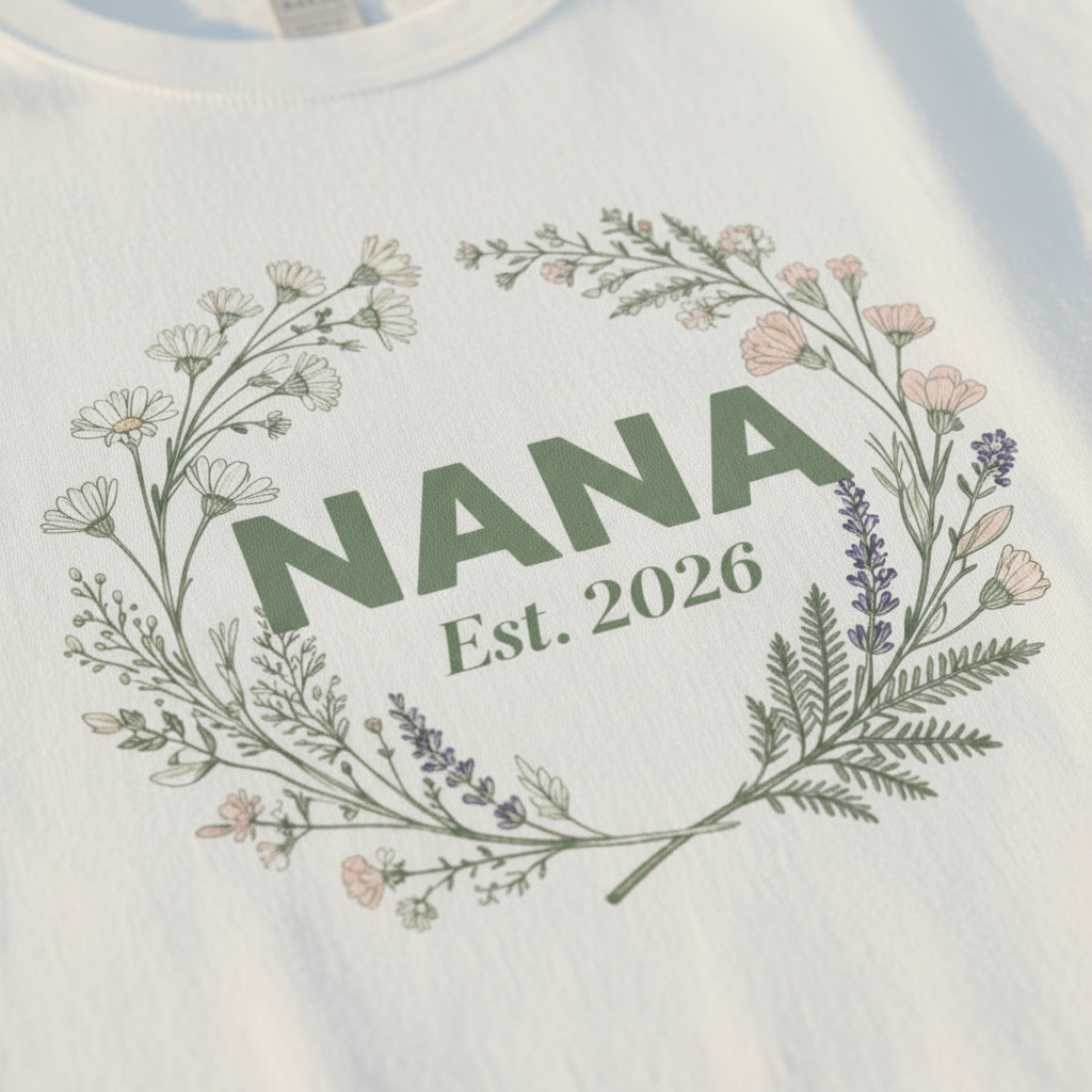 White t-shirt with Nana floral wreath and Est. 2026 print