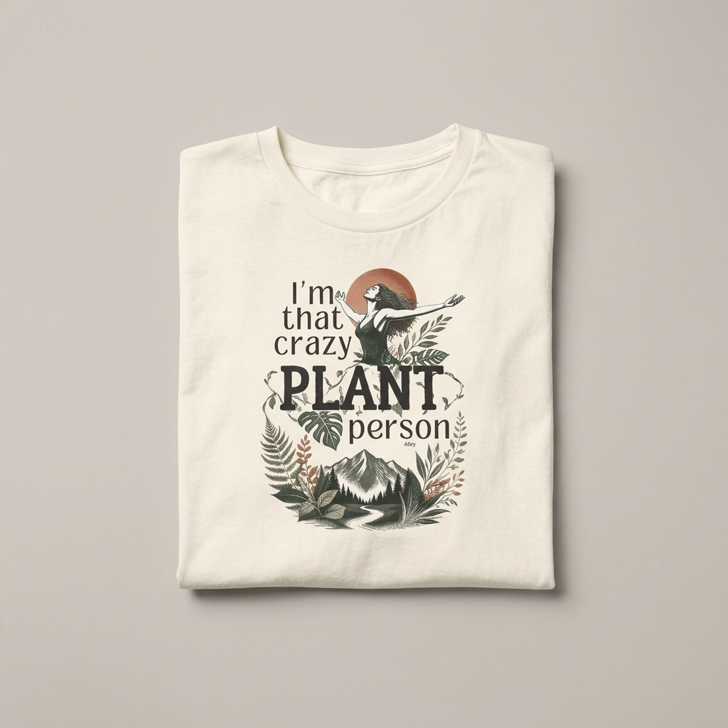Natural plant lover t-shirt with 'crazy plant person' botanical graphic, flat