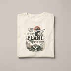 Natural plant lover t-shirt with 'crazy plant person' botanical graphic, flat
